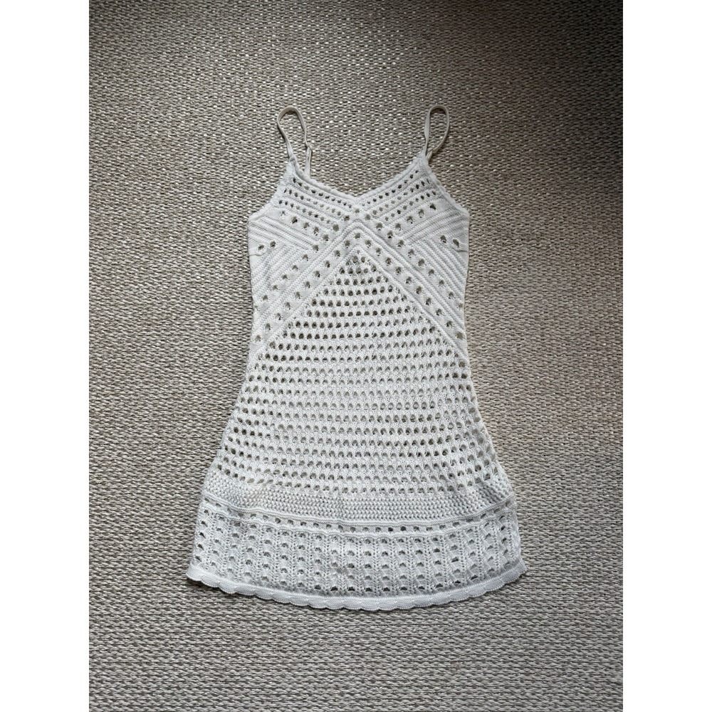 Aerie Short White Cotton Crochet Y2K Strappy Dress Cover Up. Festival Mini